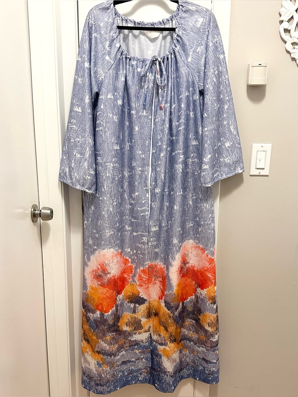 Vintage Sears 1970s Maxi Caftan House Dress Abstract Floral Hem Festival Boho